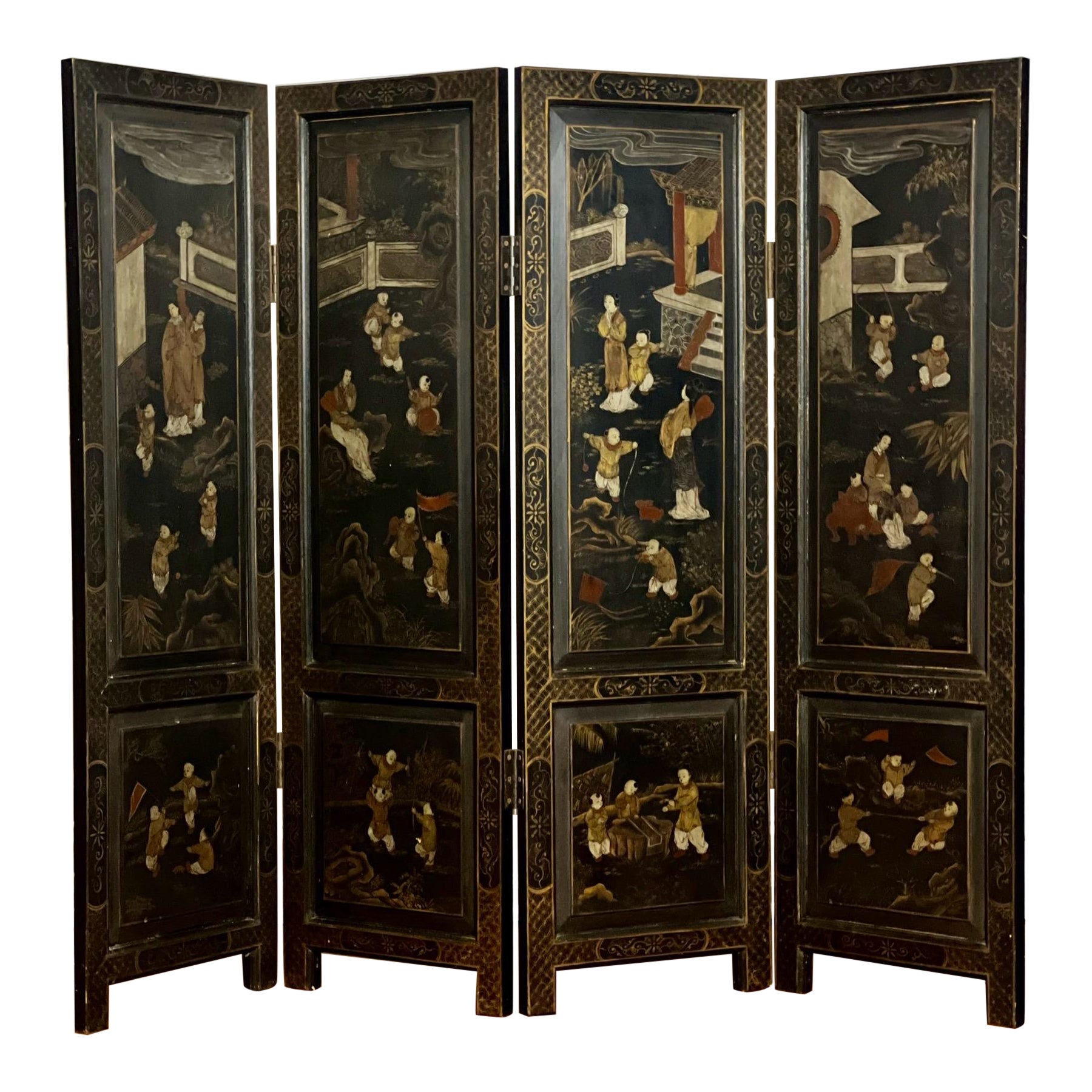 Chinese Export Four Panel Lacquered Coromandel Dressing Screen Room Divider For Sale