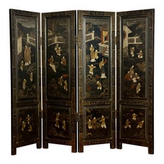Antique Chinese Export Four Panel Lacquered Coromandel Dressing Screen Room Divider