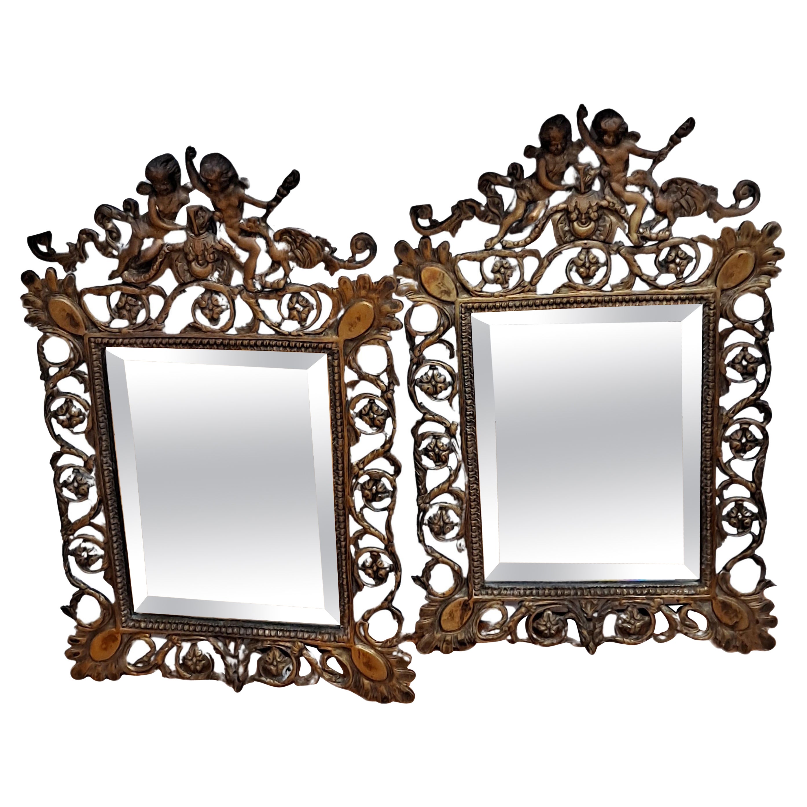 Pair of Victorian Brass Framed Beveled Mirrors For Sale