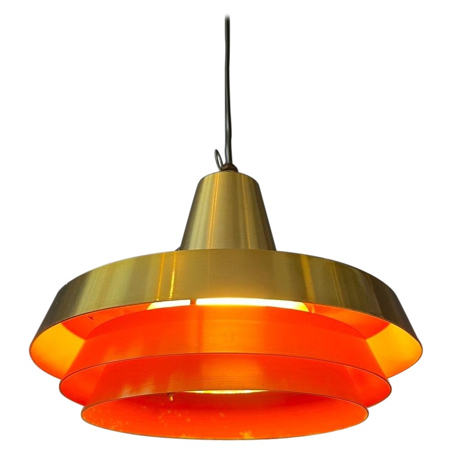 Mid Century Orange Danish Style Brass Pendant Lamp, 1970s