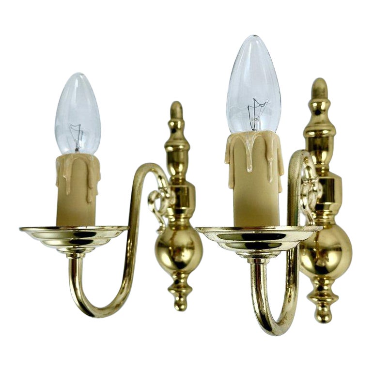 Vintage Set 2 Gilt Brass Sconces With Faux Candles, Massive Lighting, Belgium