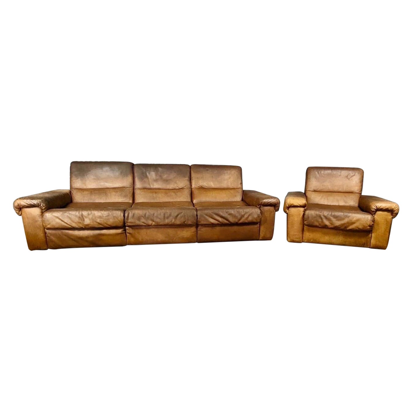 De Sede Exclusive DS66 Brown Leather Tan Three Seater Sofa & Matching Armchair For Sale