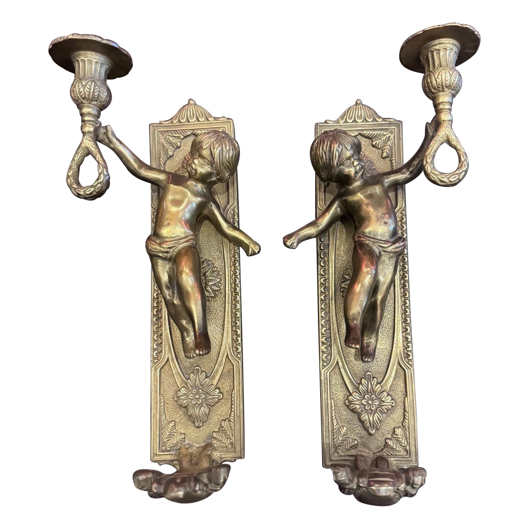 Vintage Brass Putti Cherub Angel Wall Mounted Sconces Candle Holders - Set of 2 For Sale
