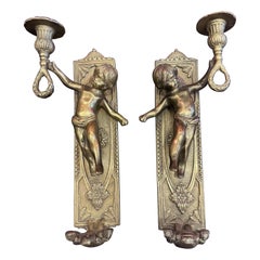 Vintage Brass Putti Cherub Angel Wall Mounted Sconces Candle Holders - Set of 2