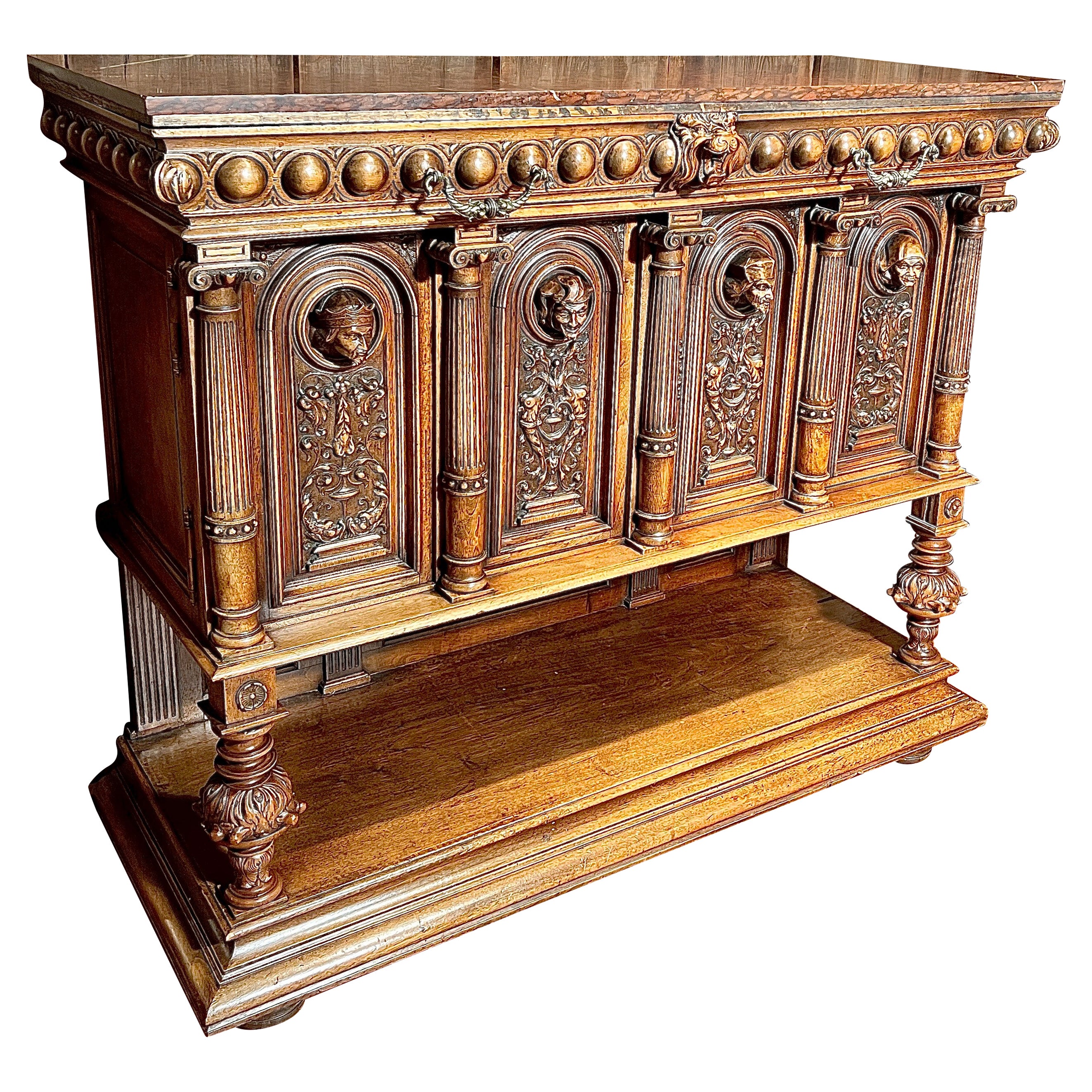 Antique French Francois Premier Marble-Top Walnut Cabinet, "Renaissance" Carving For Sale
