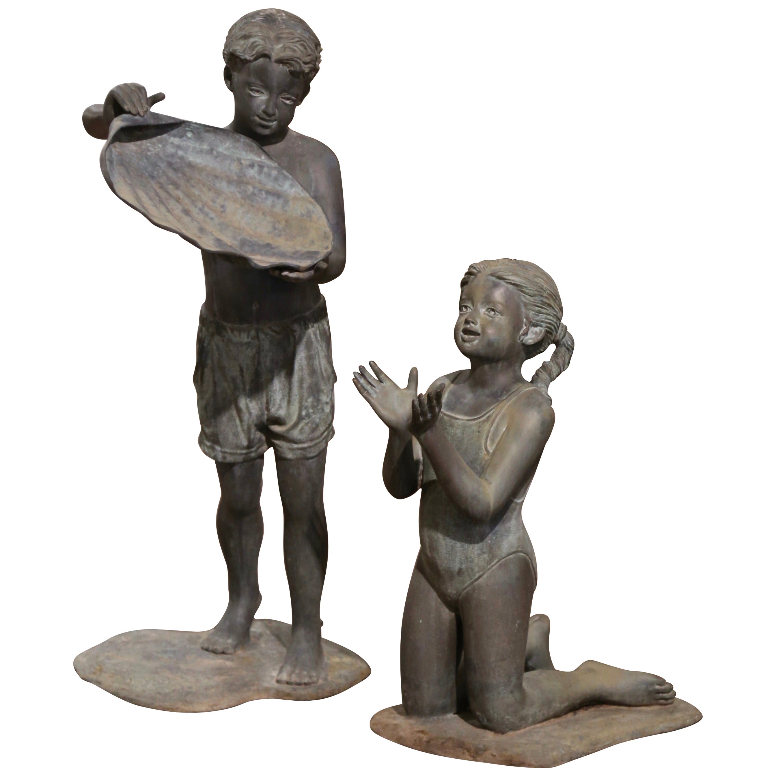 Vintage Verdigris Bronze-Wasserbrunnen-Skulptur für Jungen und Mädchen, signiert Vernon Geyco, Vintage im Angebot