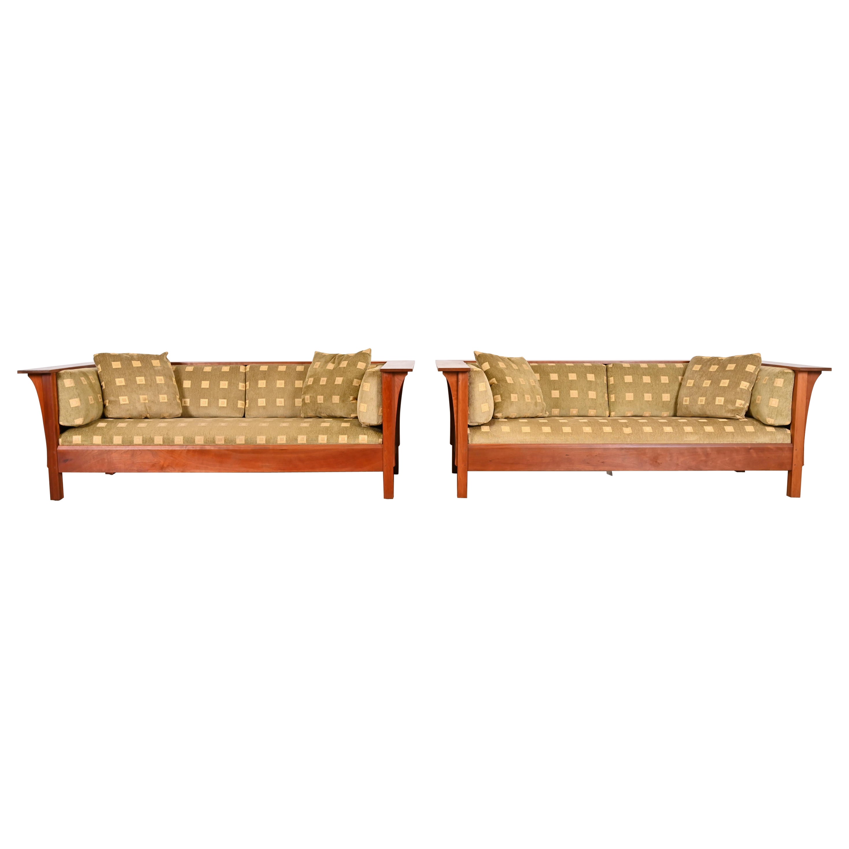 Stickley Mission Arts and Crafts Cherry Wood Settle Sofas, Pair For Sale