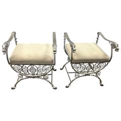 Antique Pair of Elaborate Gargoyle Head Iron Benches in the Manner of Samuel Yellin