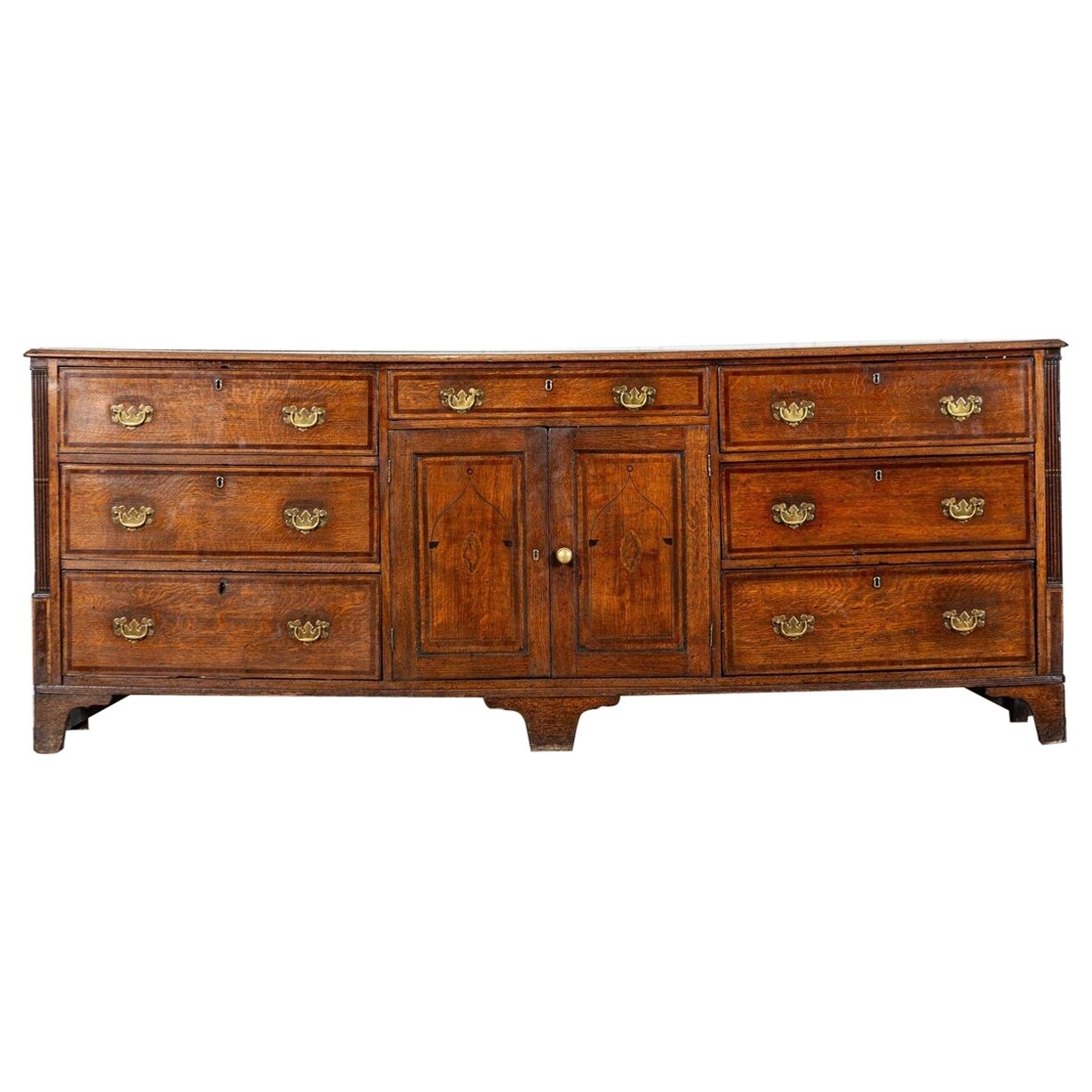 Large English George III Oak Inlaid Dresser Base For Sale