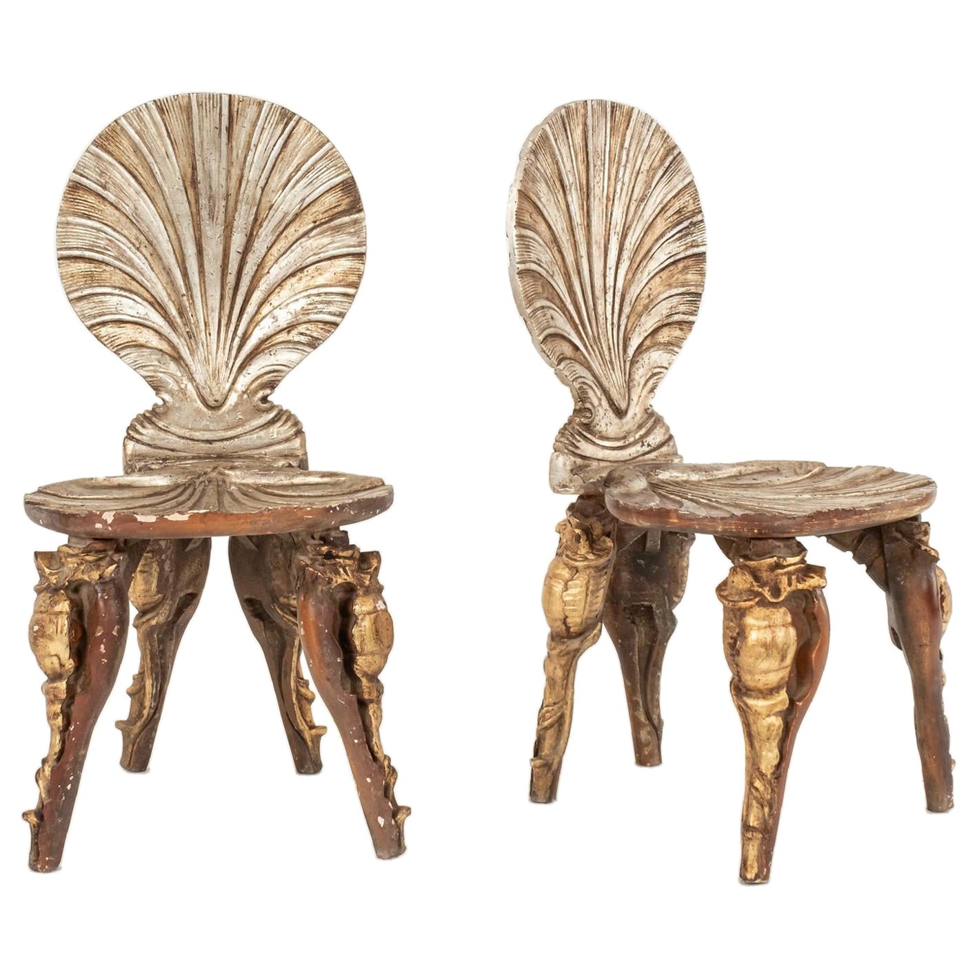 Pair Italian Grotto Silver Parcel Gilt Wood Chairs For Sale