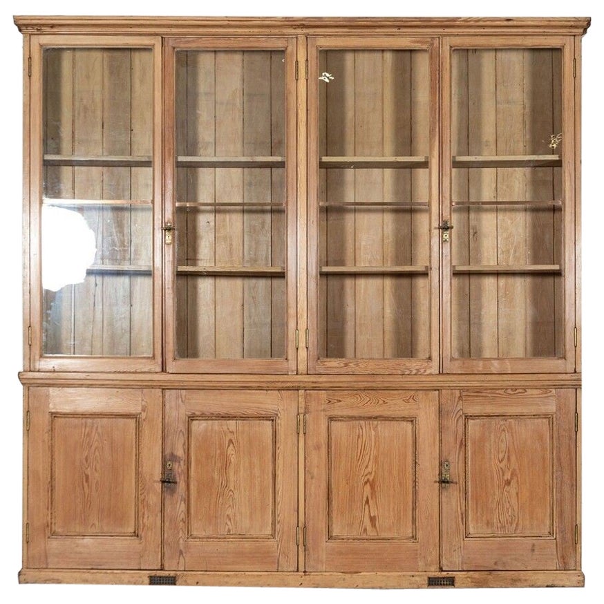 Monumental English Pine Glazed Bookcase Cabinet