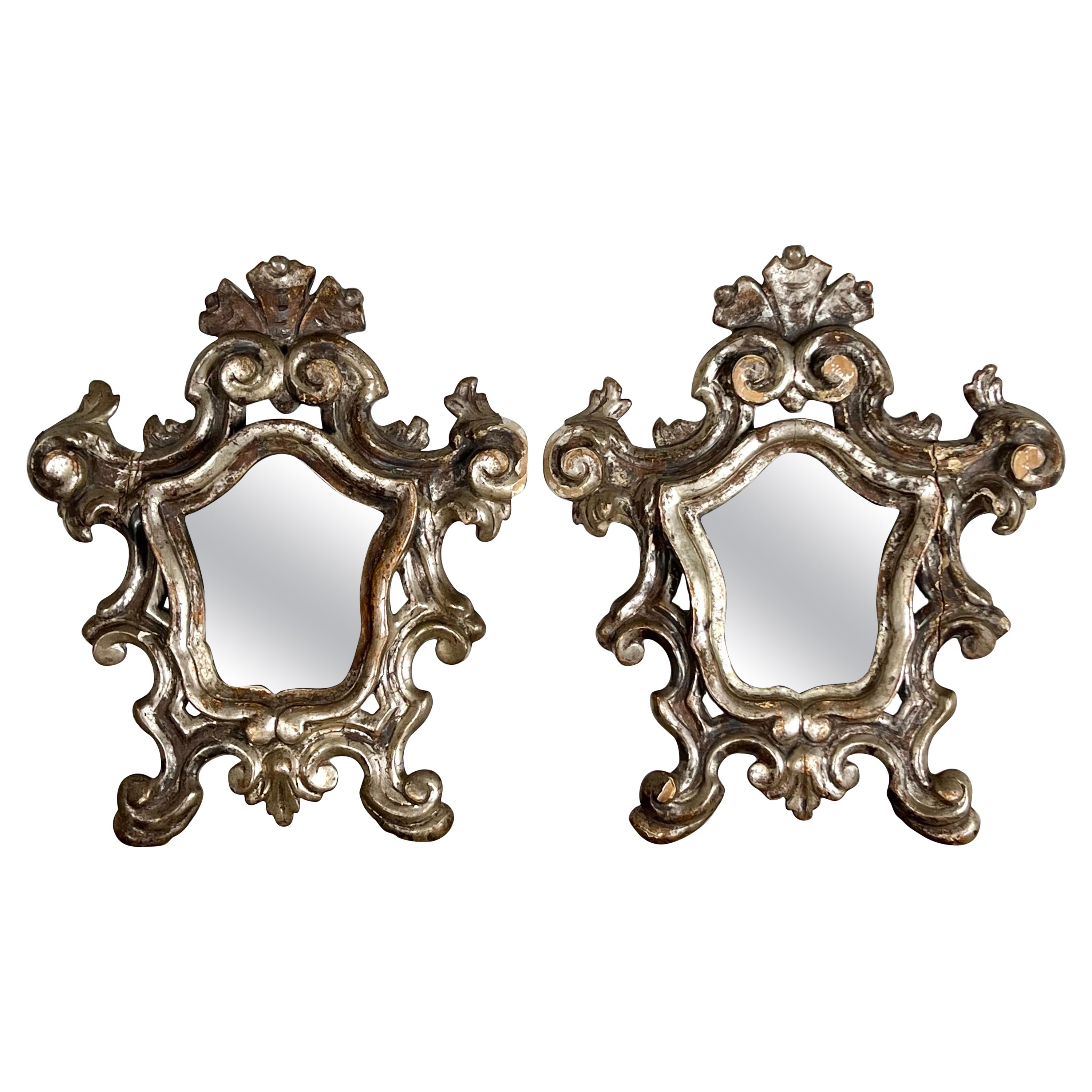 Pair of Italian Scrolled Silver Leaf Baroque Style Mirrors For Sale