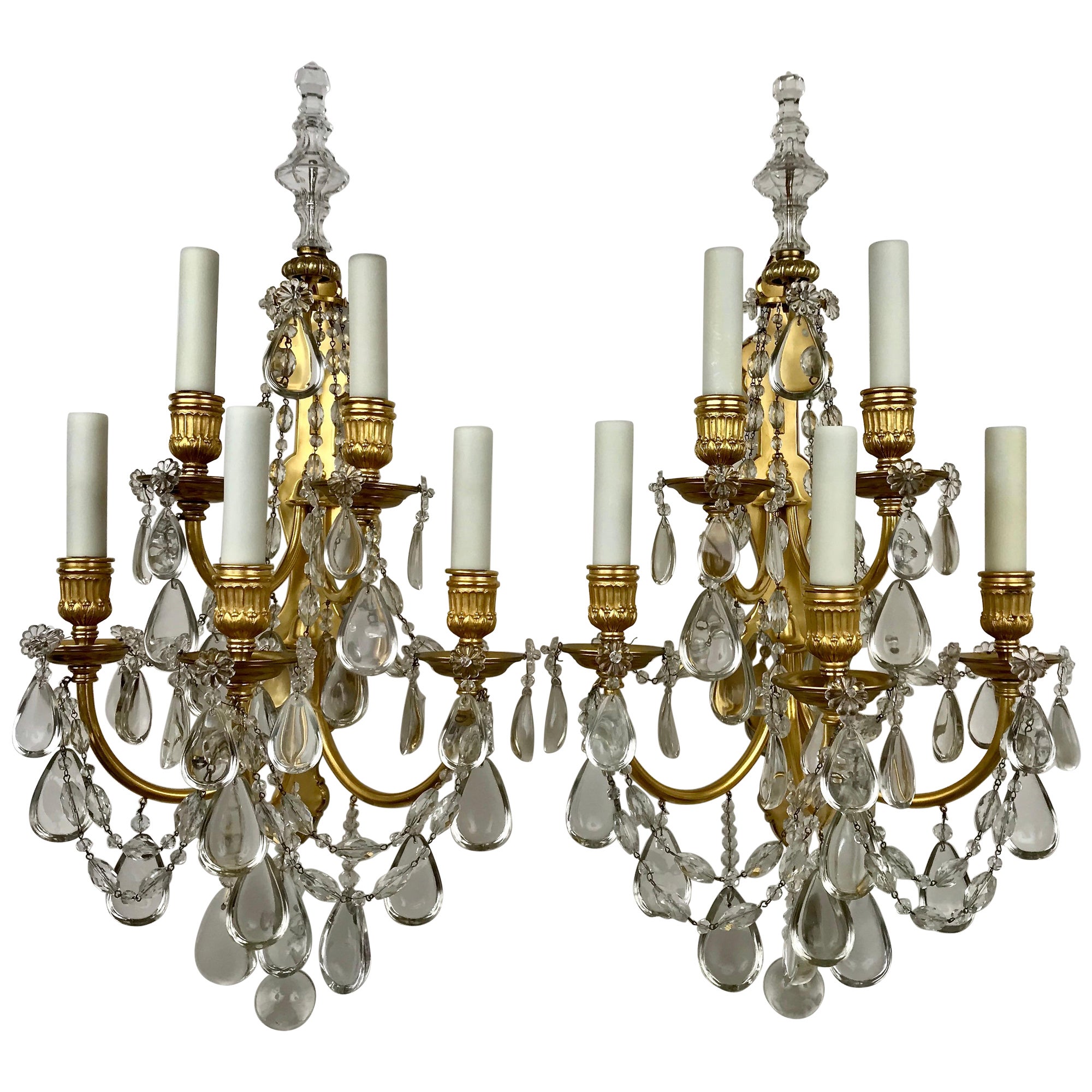Pair Gilt Bronze and Crystal Five Light Sconces by E. F. Caldwell For Sale