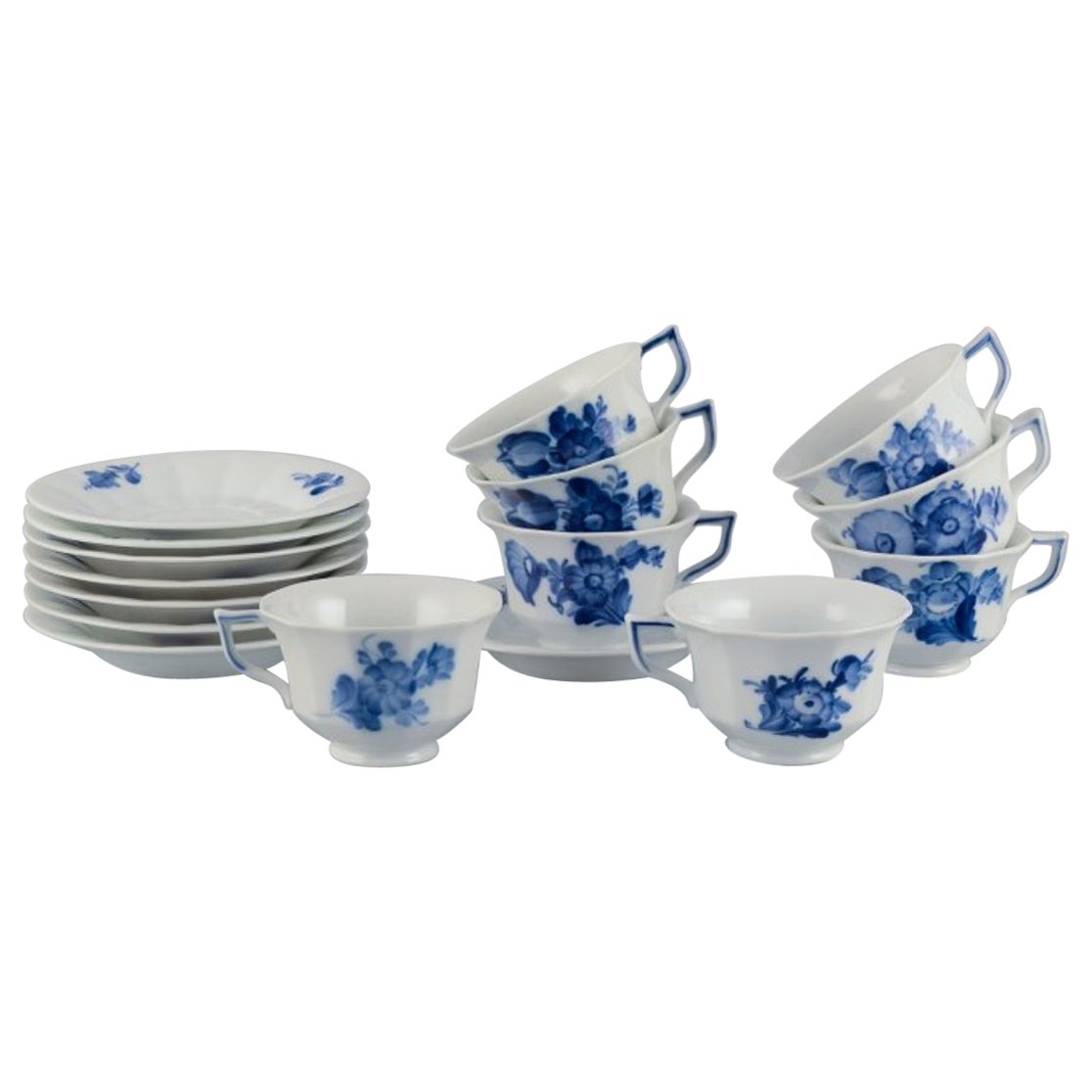 Royal Copenhagen Blue Flower Angular. Set of eight coffee cups with saucers.  For Sale