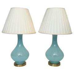 Pair of Blue Opaline Cenedese Murano Italy Table Lamps