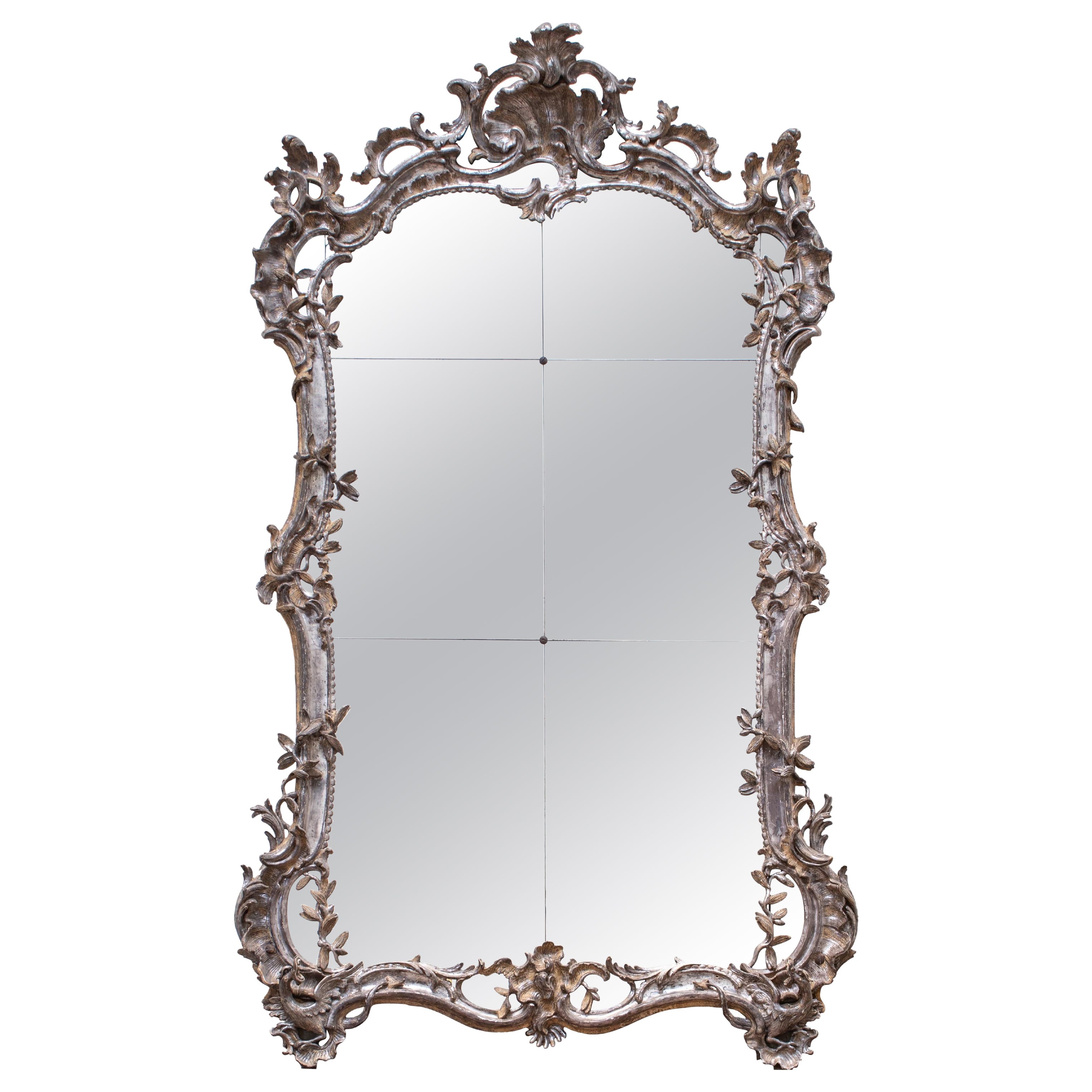 Mid-18th Century Silvered Wood Carved Mirror in Rococo Style