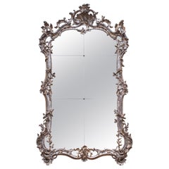 Antique Mid-18th Century Silvered Wood Carved Mirror in Rococo Style