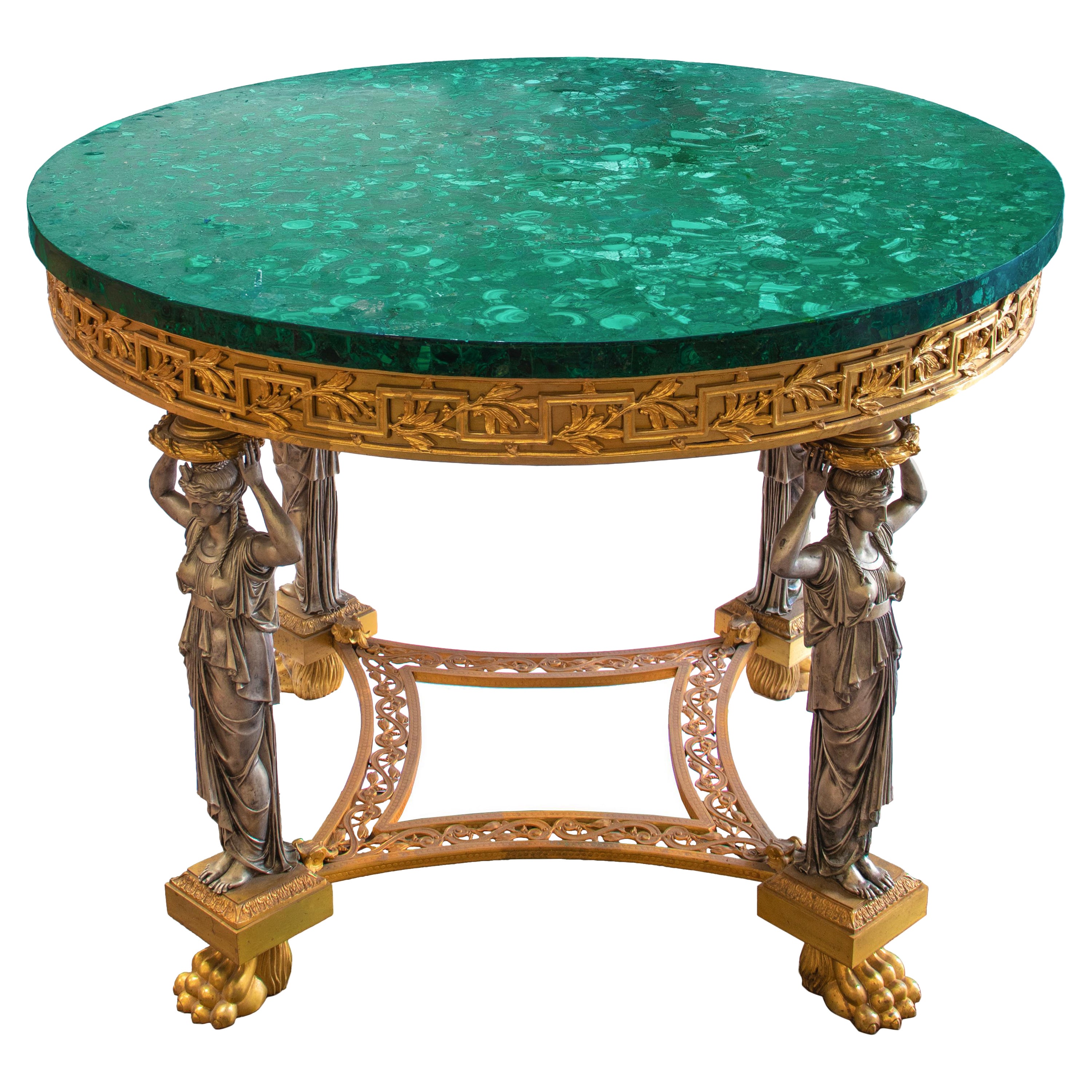 Table centrale néoclassique en bronze doré et argenté avec plateau de table en malachite