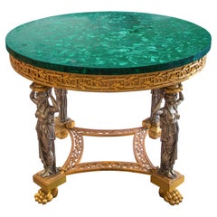 Neoklassizistischer Mitteltisch aus vergoldeter und versilberter Bronze mit Malachit-Tischplatte