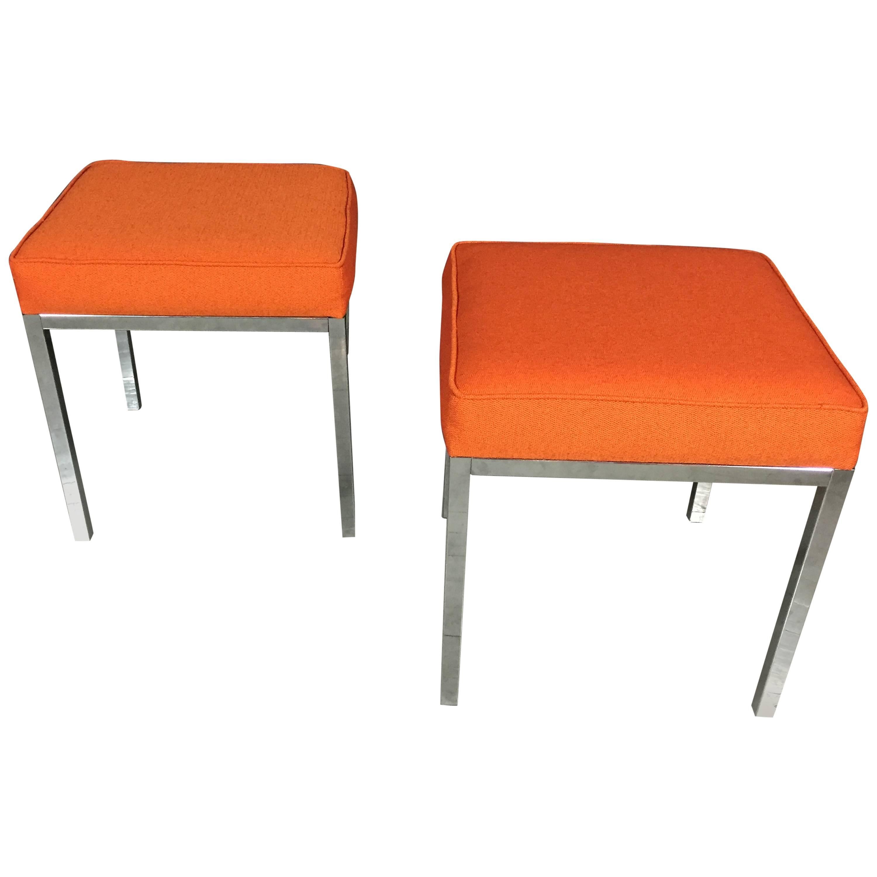 Pair of Chrome and Orange Wool Upholstered Benches, USA, 1970s