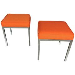 Pair of Chrome and Orange Wool Upholstered Benches, USA, 1970s