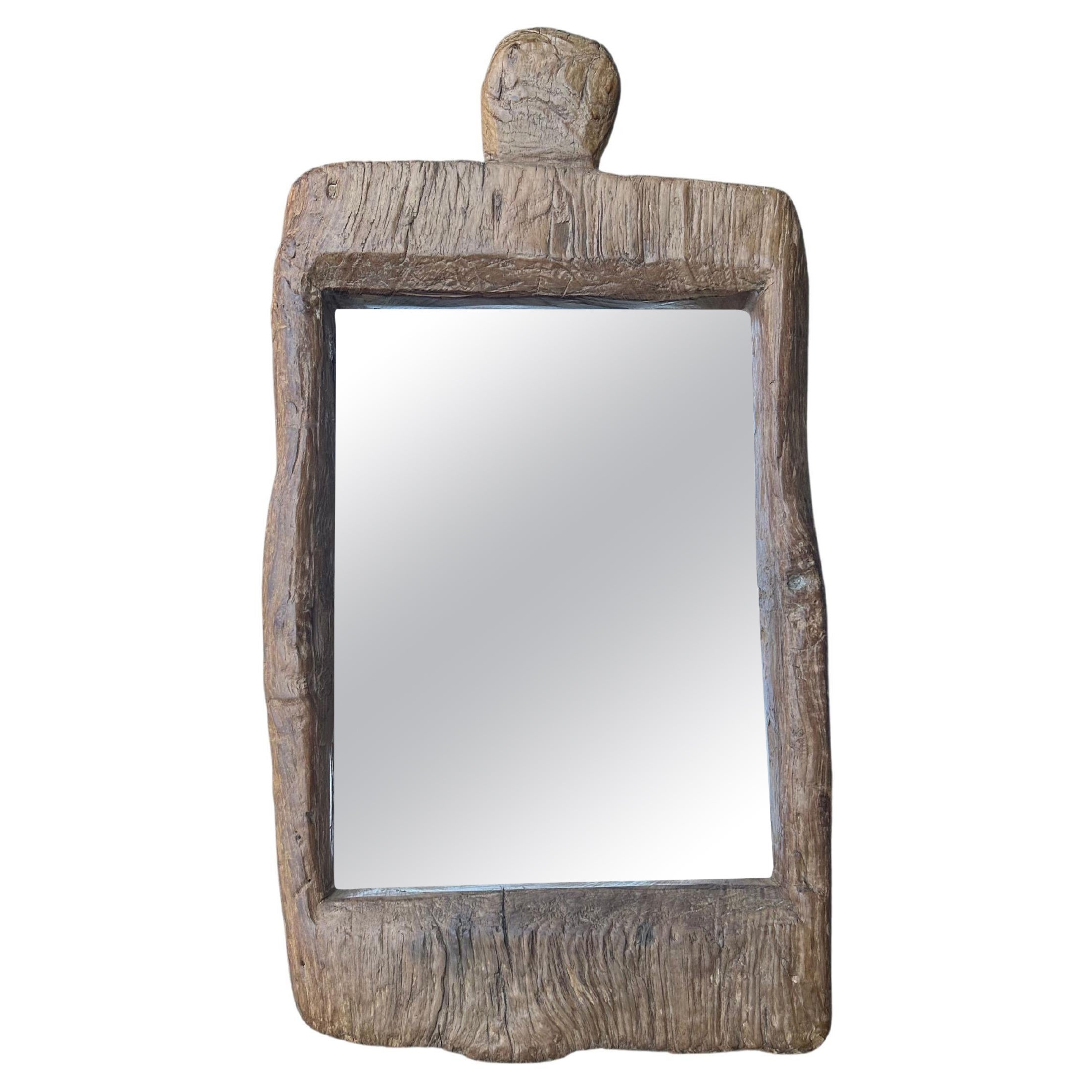 Rustic Teak Wood Mirror With Wonderful Age Related Patina & Markings For Sale