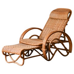 Chaise longue de caña con reposabrazos y reposapiés Italia 1980