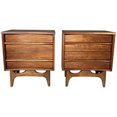 American Modern Curved Front Walnut Nightstands, 1950s