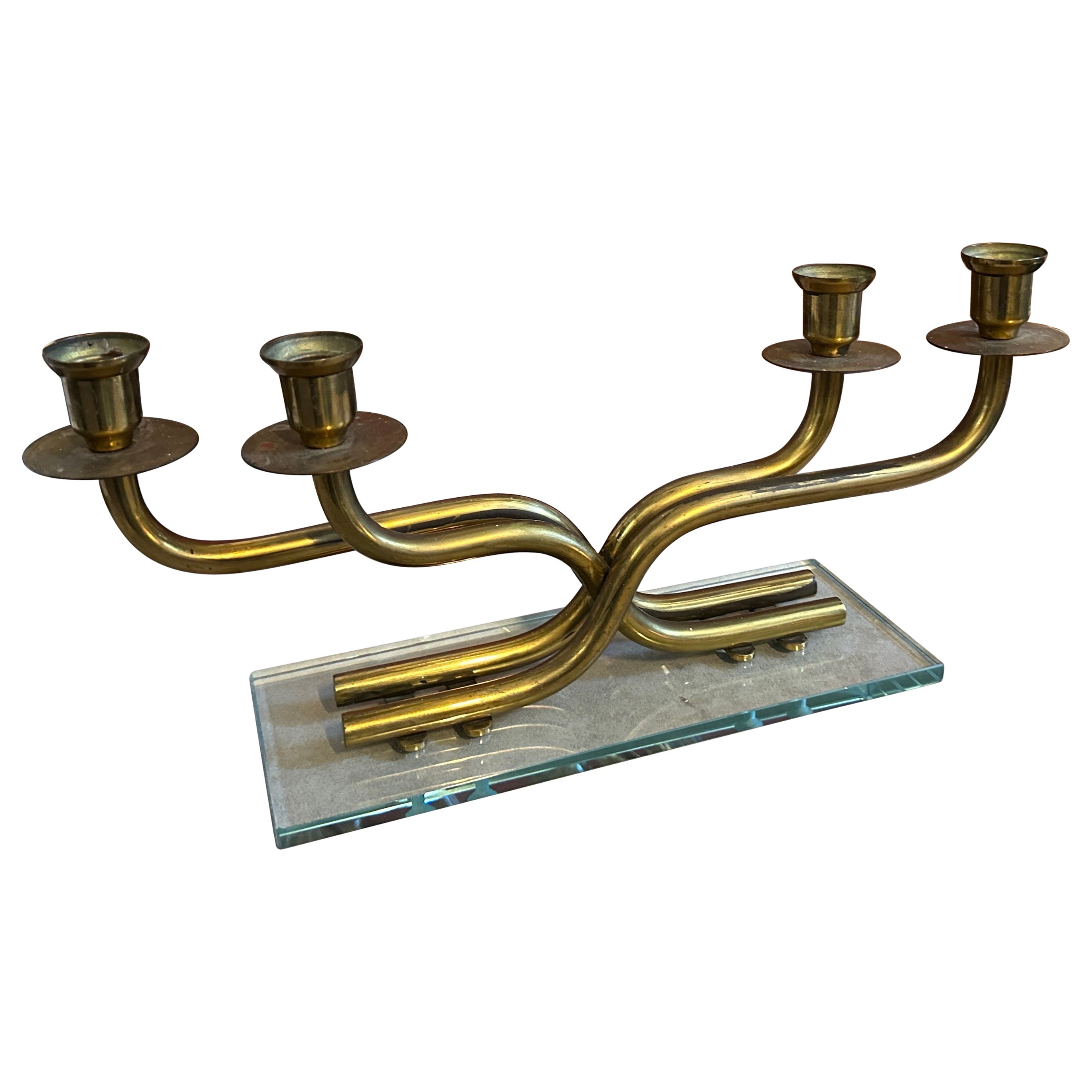 1950s Mid-Century Modern Brass and Verde Nilo Glass Italian Candelabra