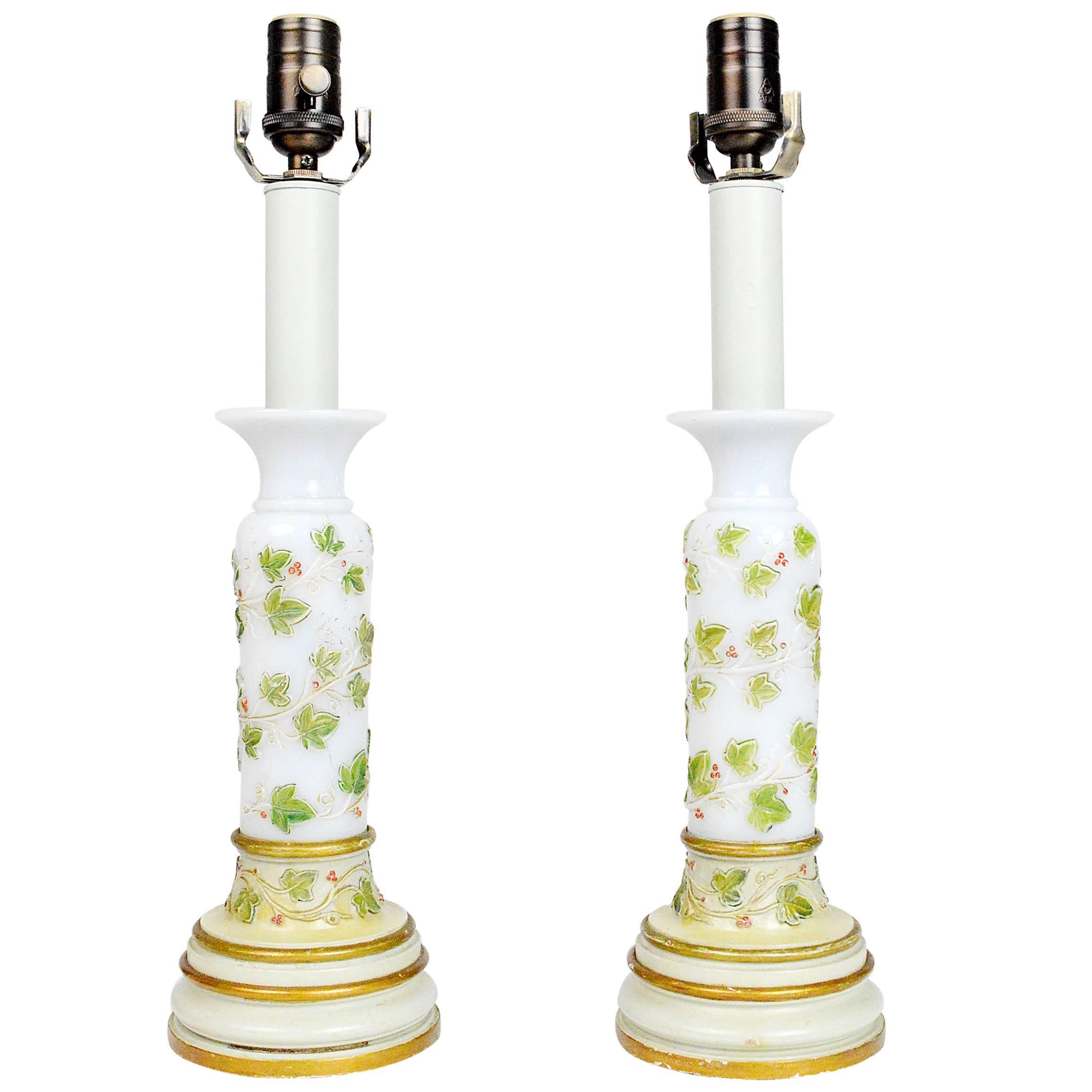 Pair of French Opaline Glass Table Lamps with Hand-Painted Foliage For Sale