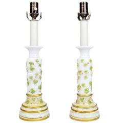 Pair of French Opaline Glass Table Lamps with Hand-Painted Foliage