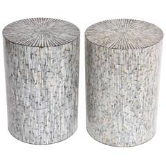 Mid-Century Modern American Decorative Shell Mother of Pearl Drum Tables Mid-Century Modern American Decorative Shell Mother of Pearl Drum Tables