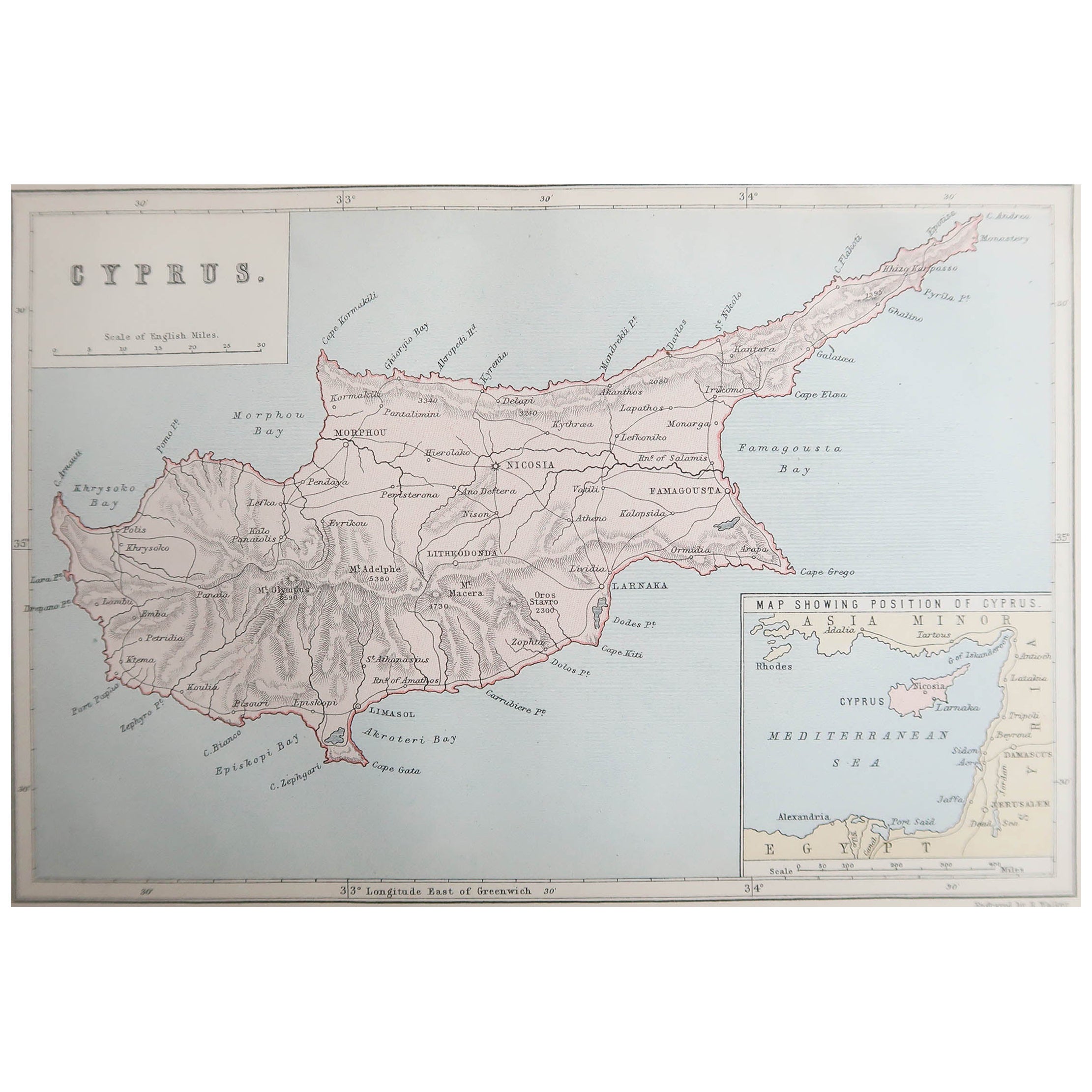 Original Antique Map of Cyprus. Circa 1880 For Sale