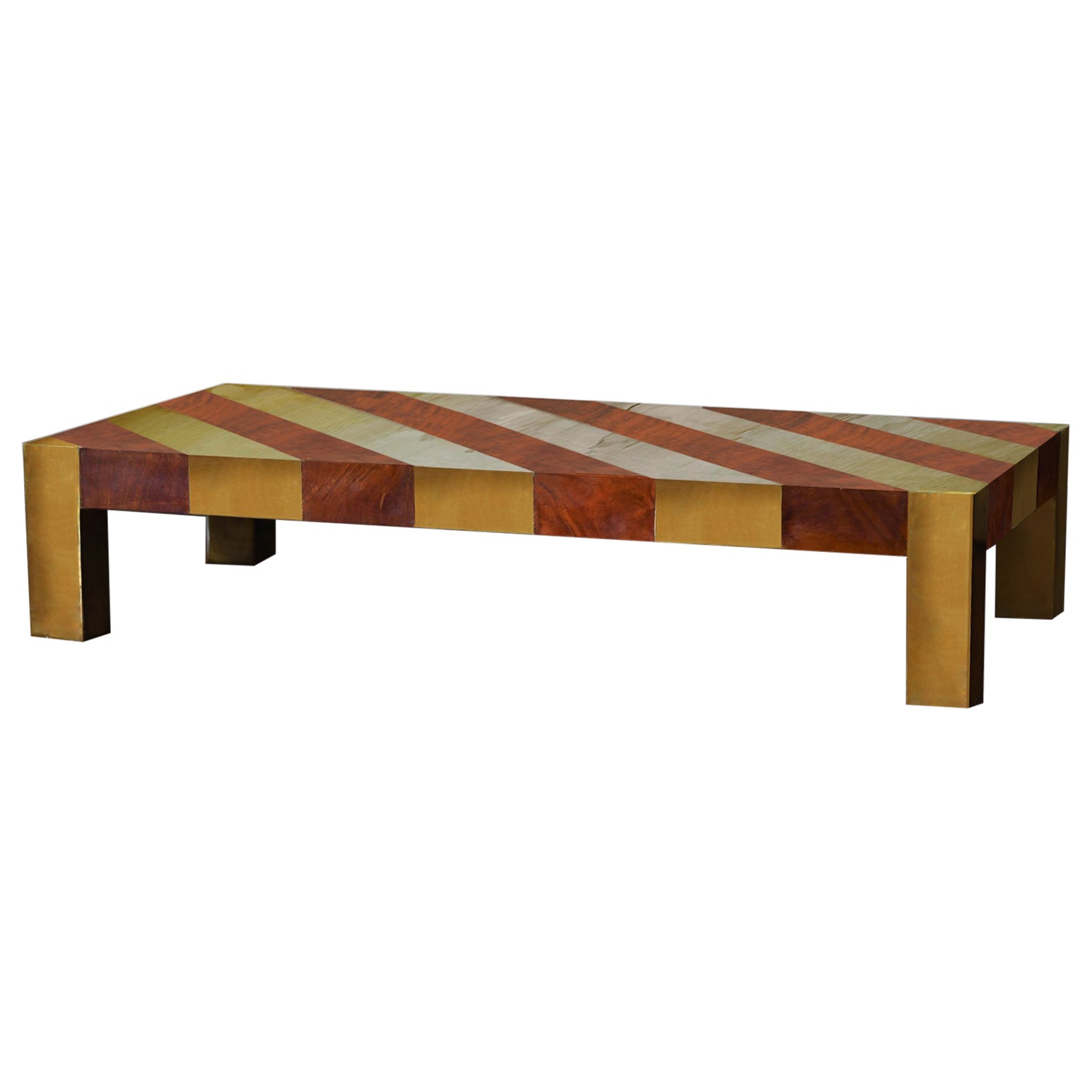 Large living room table in briar and brass, Italy 1970