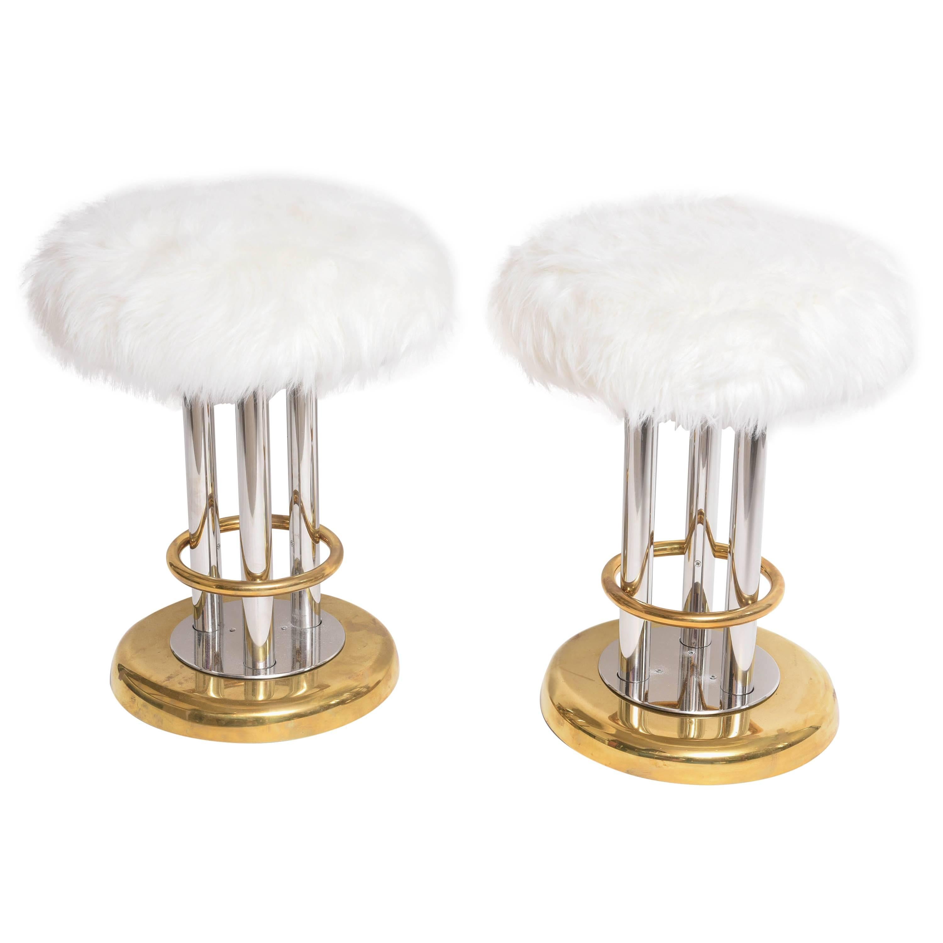 Mid-Century Modern American Decorative Brass or Chrome Furry Stools Pair  For Sale