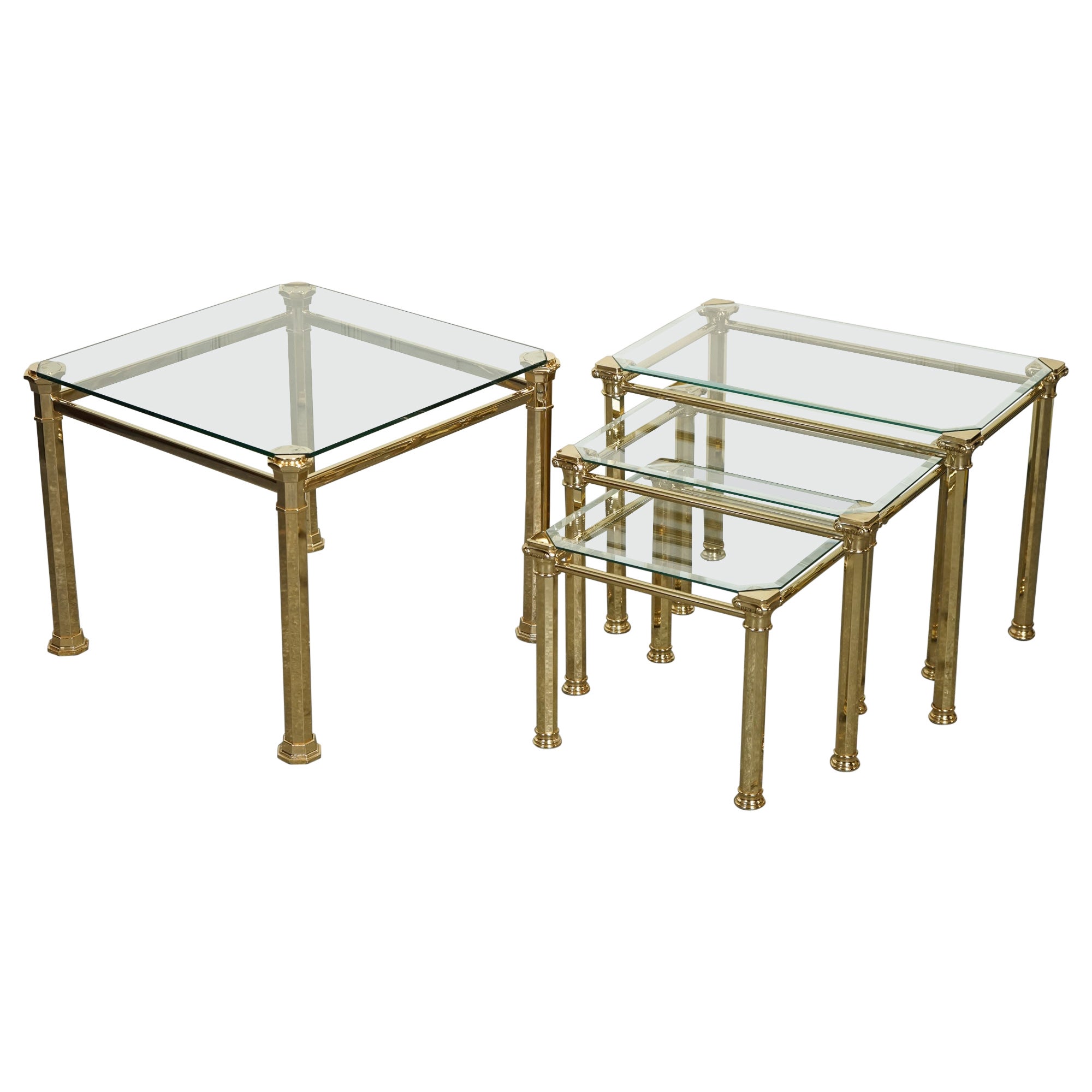 SET OF 1970's HOLLYWOOD REGENCY BRASS & GLASS NEST OF TABLES SIDE TABLEJ1 For Sale