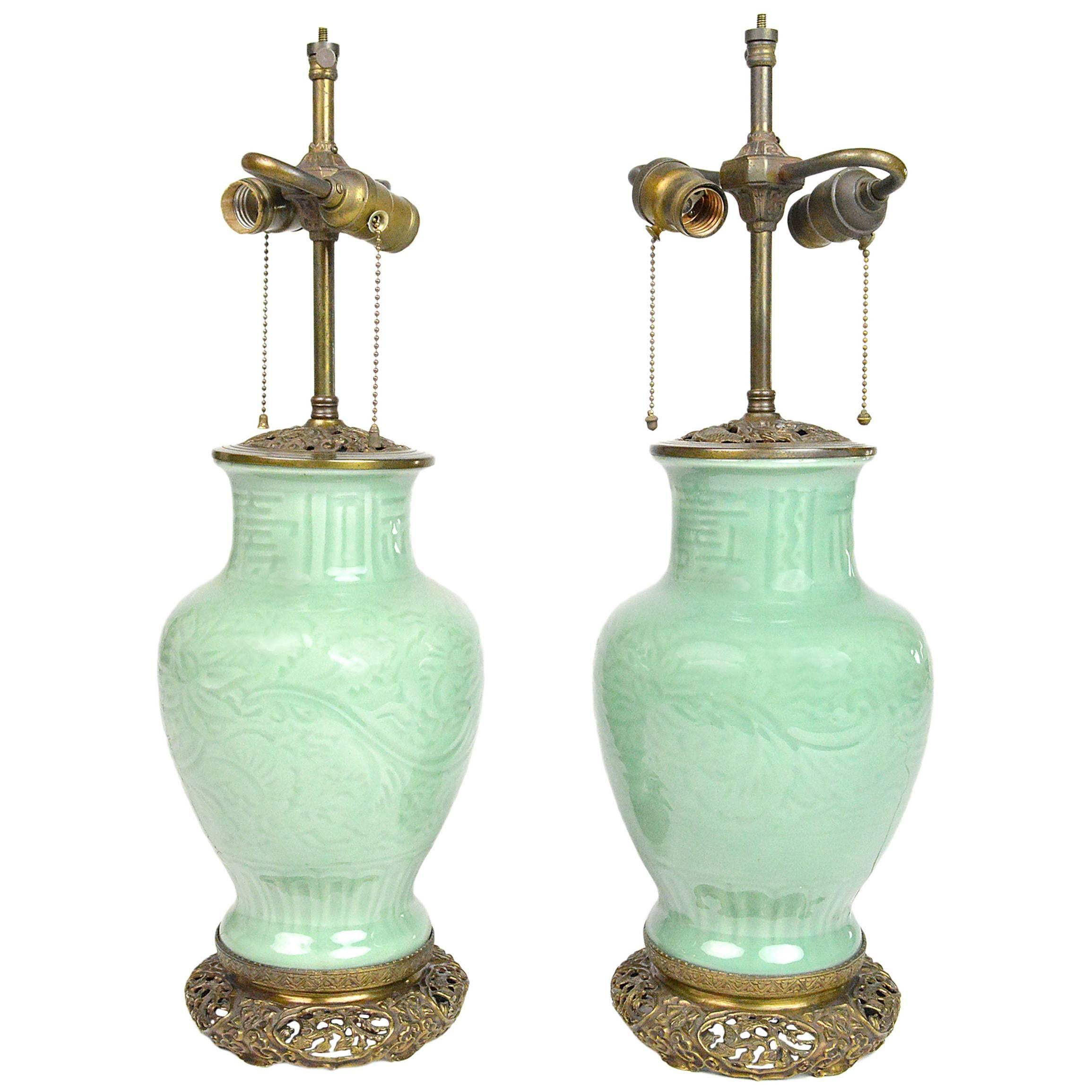 Pair of Chinese Celadon Porcelain Lamps