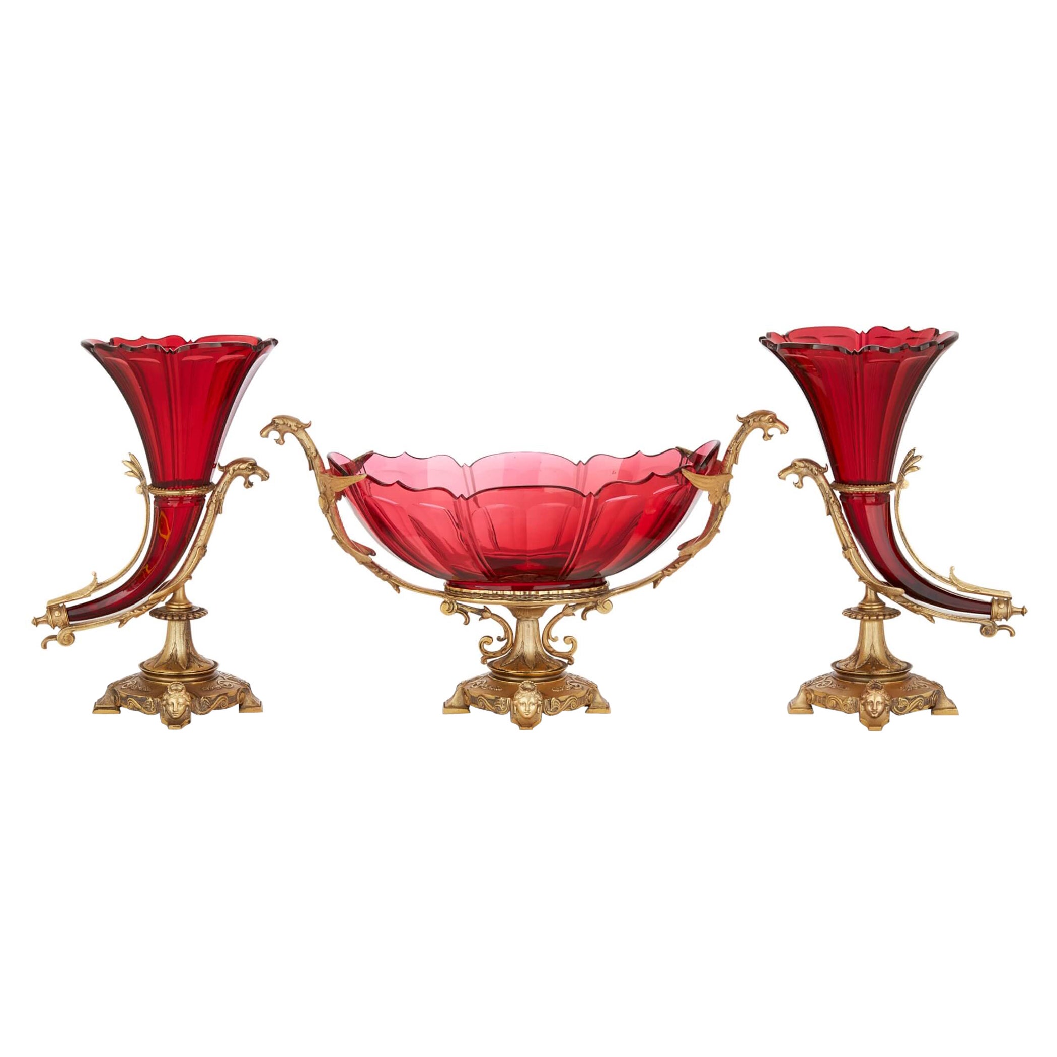Large Antique Ormolu Mounted Red Glass Centrepiece Suite by Baccarat