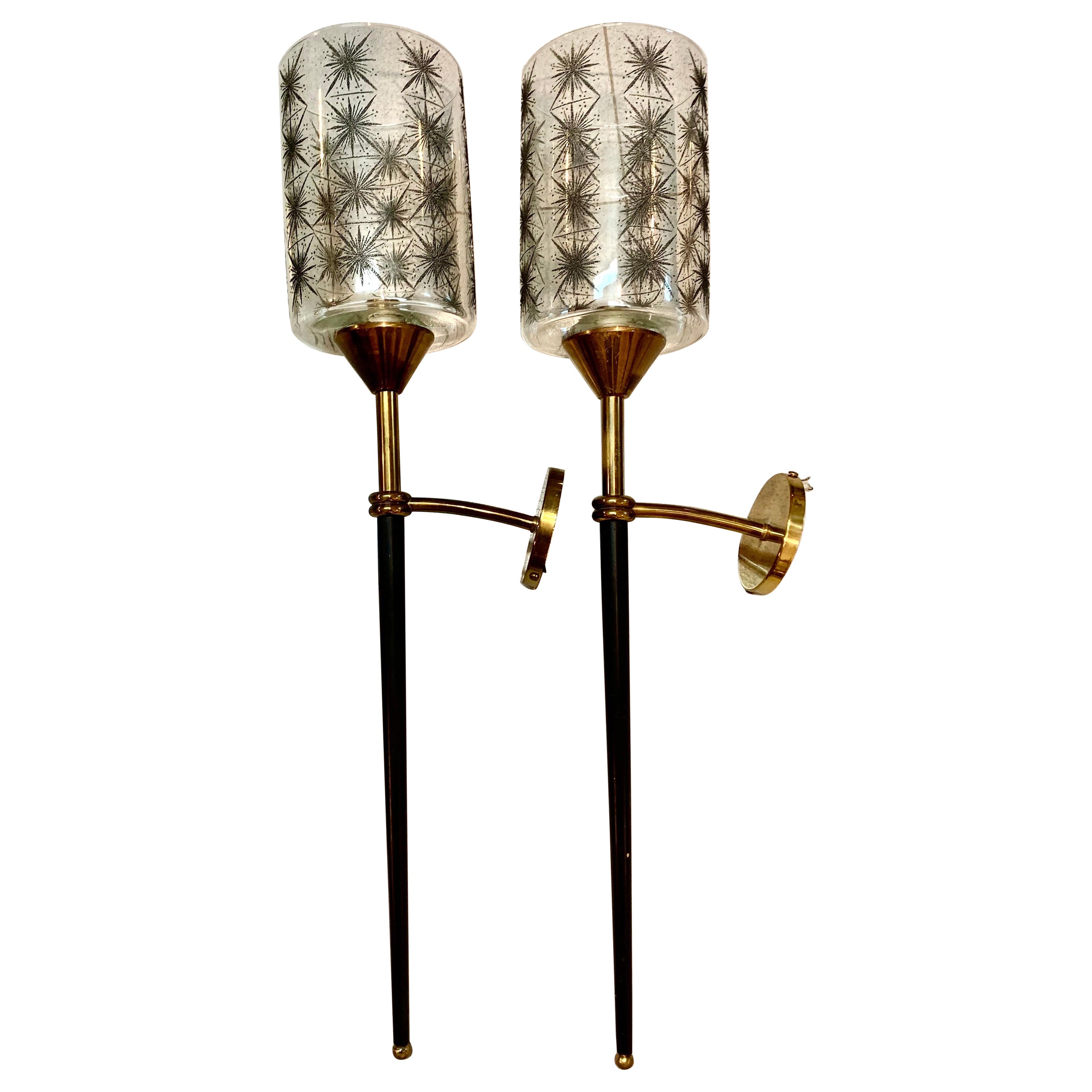 Pair of Mid Century French Maison Lunel Brass and Lacquered Torchere Wall Sconce