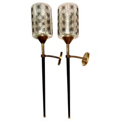 Pair of Mid Century French Maison Lunel Brass and Lacquered Torchere Wall Sconce