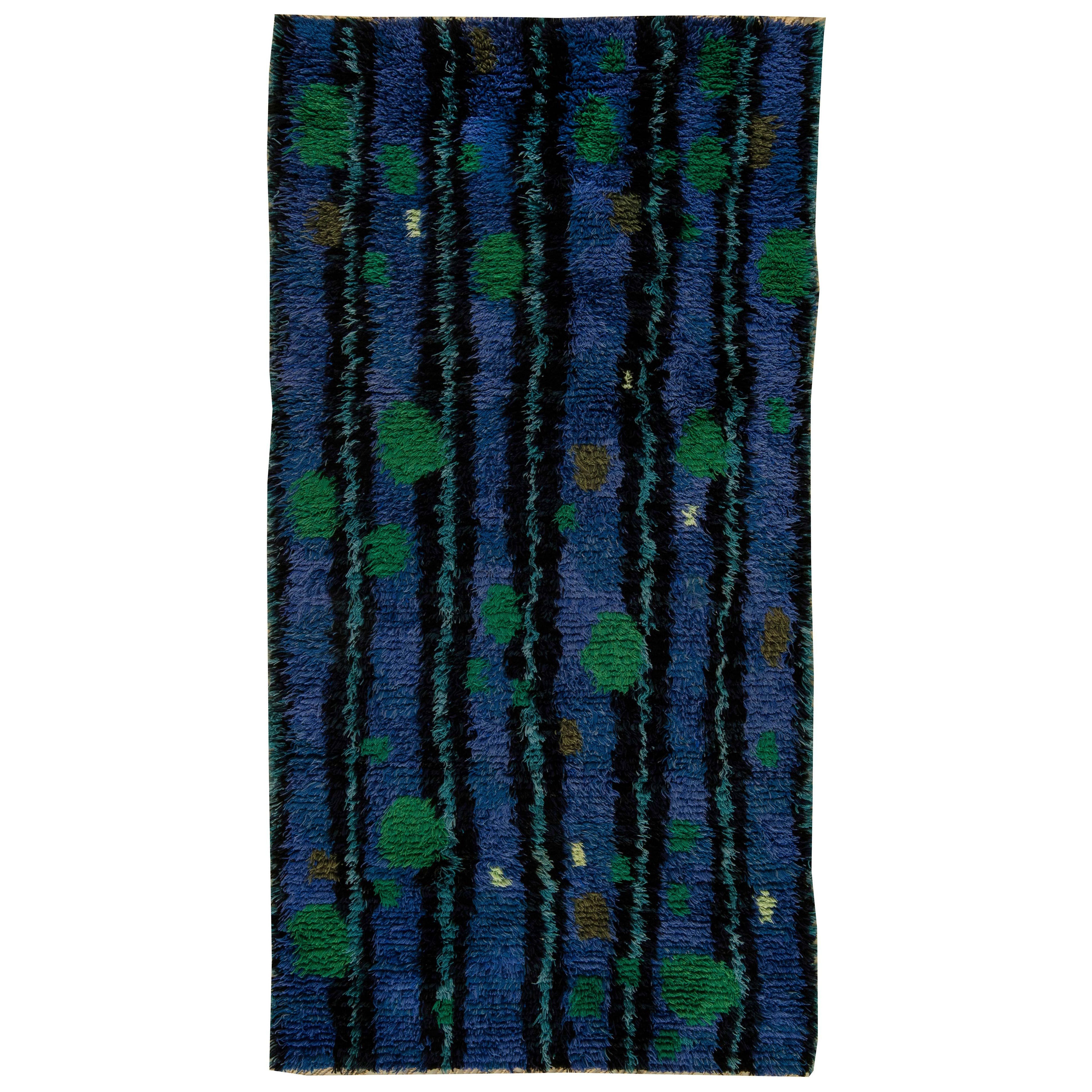 Mid-20th Century Modern Swedish Rya Green, Blue Rug For Sale