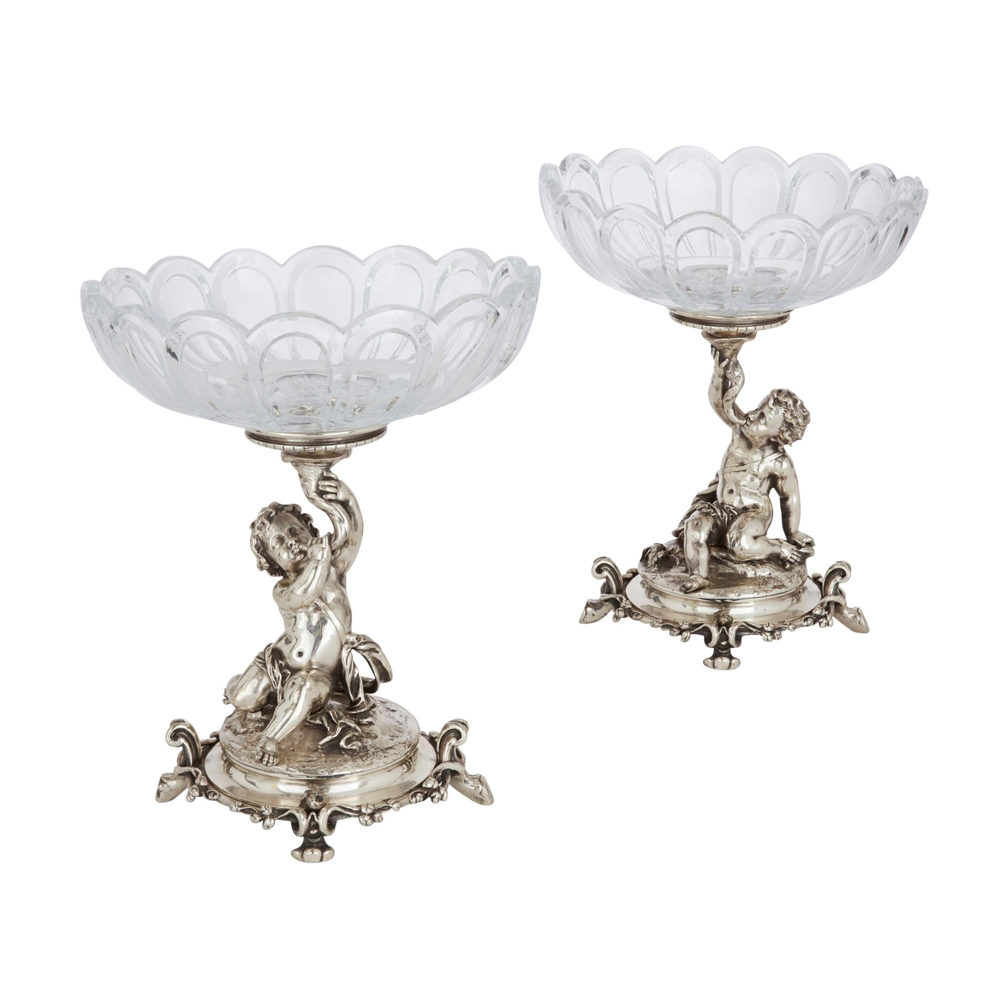 Pair of 19th Century Cut-Glass and Silvered Bronze Compotes by Christofle  For Sale