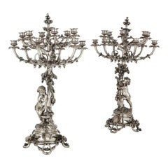 Antique Pair of Large Silvered Bronze Candelabra by Christofle, 19th Century