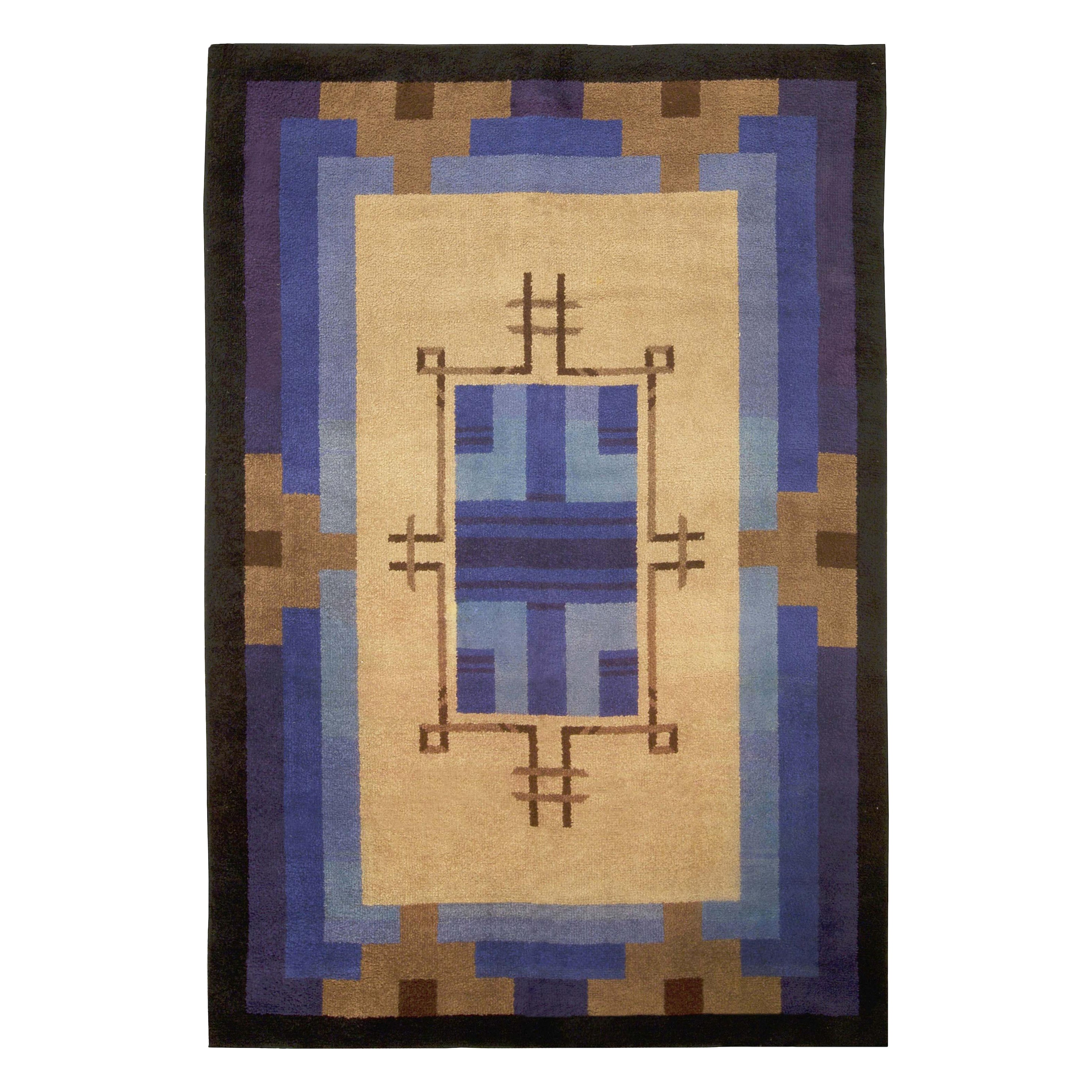 Mid-20th Century Bold French Art Deco Handmade Wool Rug For Sale