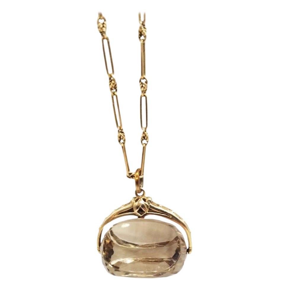 Vintage 14 Gold Necklace with Rose Gold Citrine Pendant For Sale