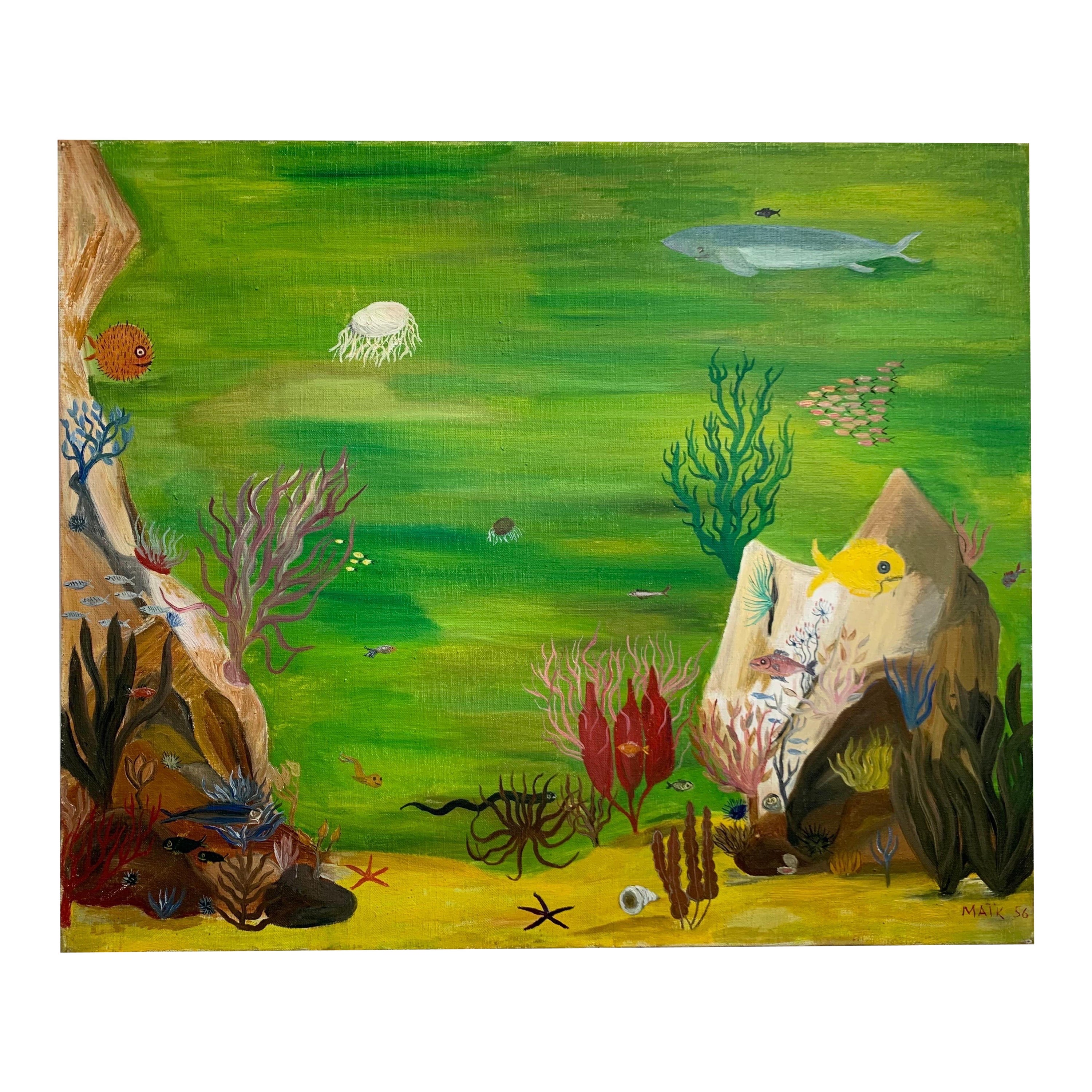 “Underwater Landscape » Henri Hecht MAÏK 1956, French Painter, Oil on Canvas 