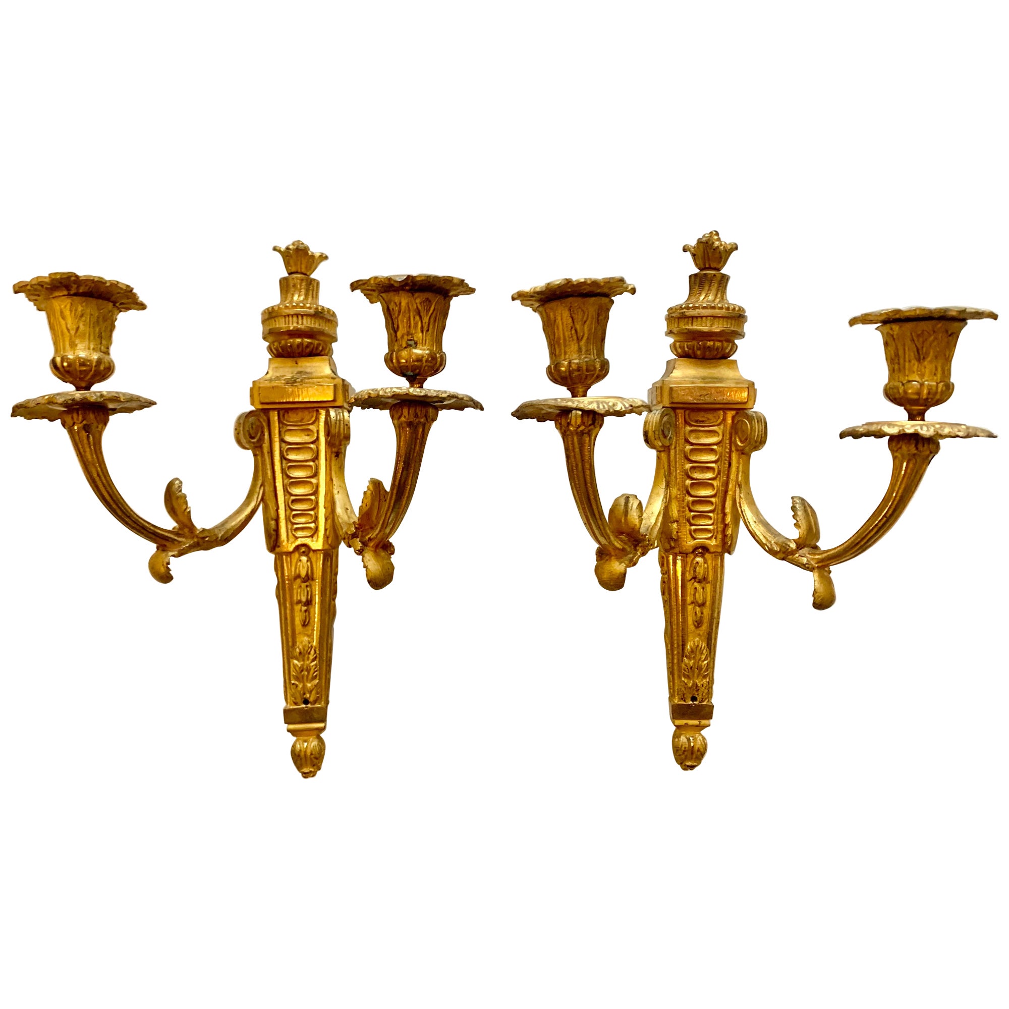 Pair of Louis XVI  Style Gilt Bronze Ormolu Two Arms Wall Sconces For Sale