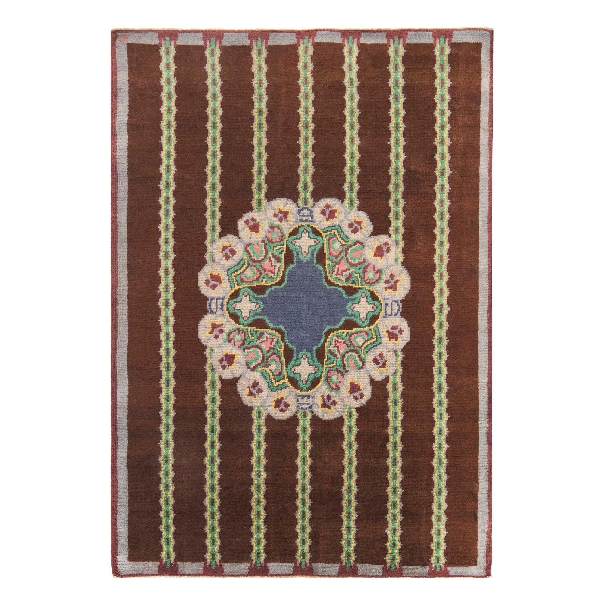 French Art Deco Brown, Green Handmade Wool Rug For Sale