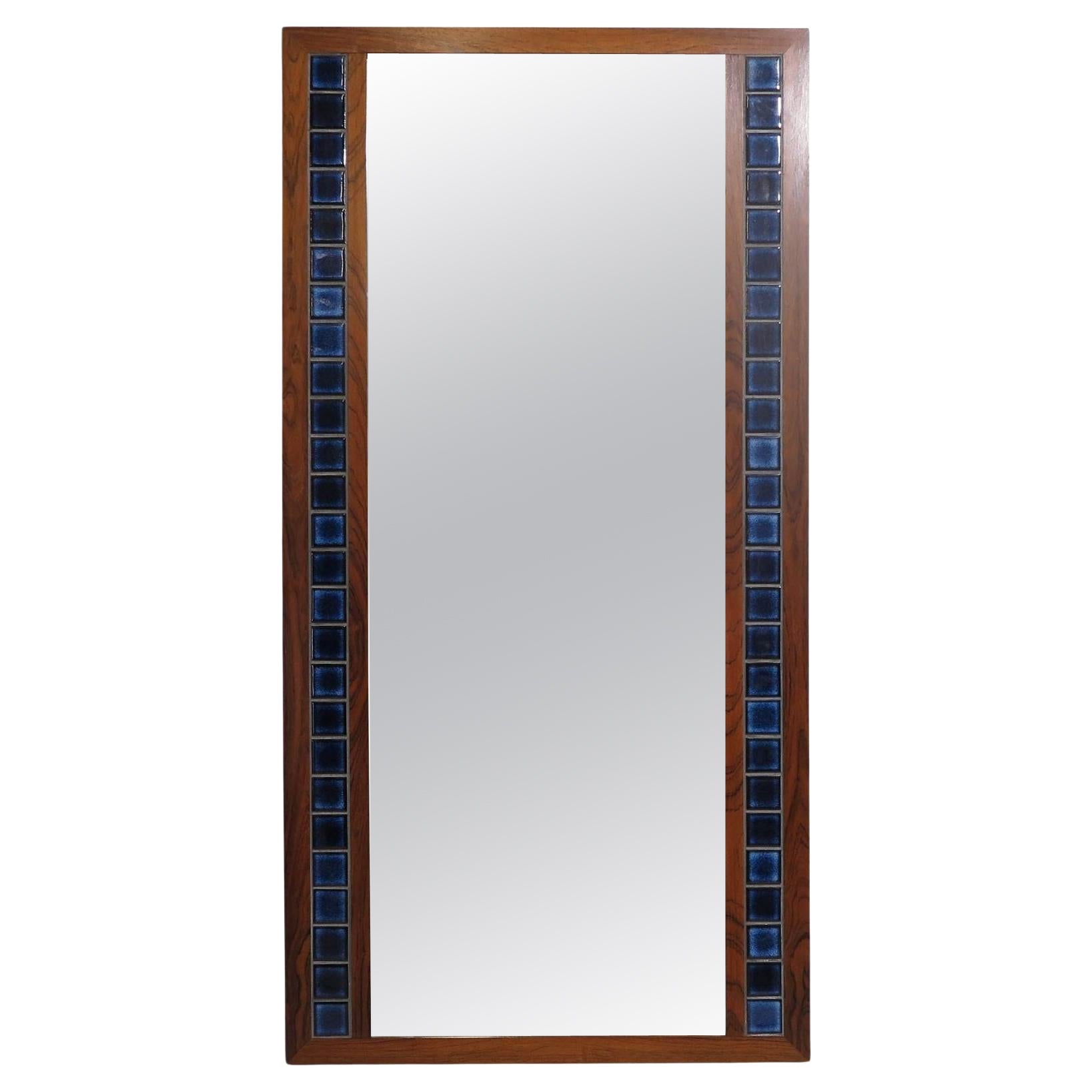 Danish Rosewood Mirror with Blue Tiles For Sale