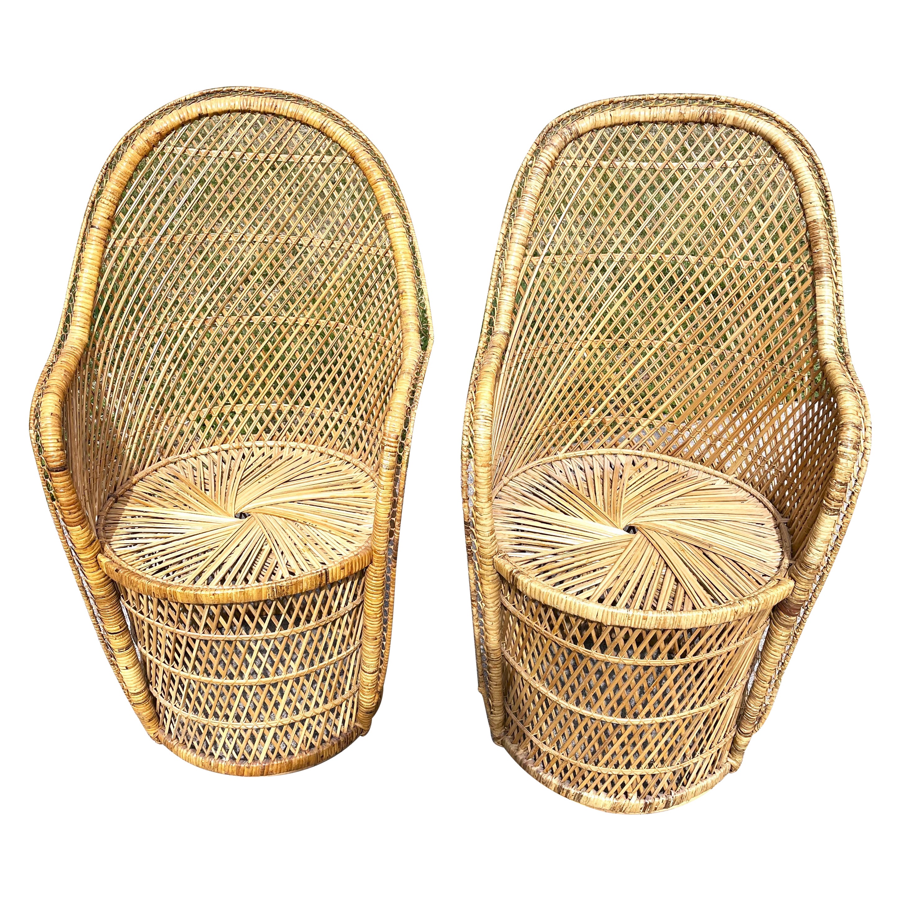 Natural Woven Rattan/Wicker Mid Century Barrel Chairs a Pair